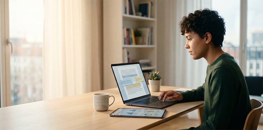 A young woman sits at a wooden table, focused on her laptop and tablet in a sunlit room. The laptop screen shows a highlighted document, and the tablet has data charts.