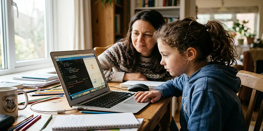 A child focusing on a coding challenge while an adult observes supportively