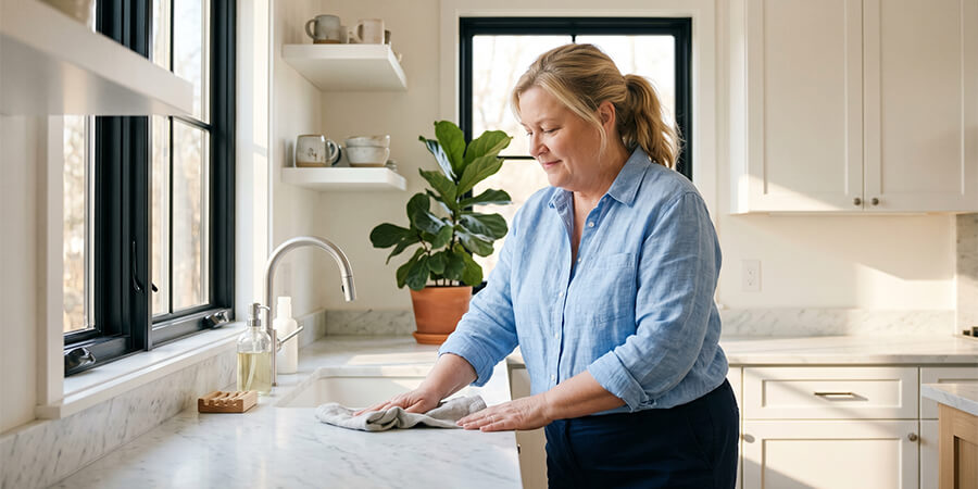 A woman is actively wiping a white marble countertop near a gooseneck faucet and sink of her modern kitchen with white cabinets.