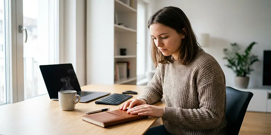 A professional working with calm focus at a clear, minimalist desk
