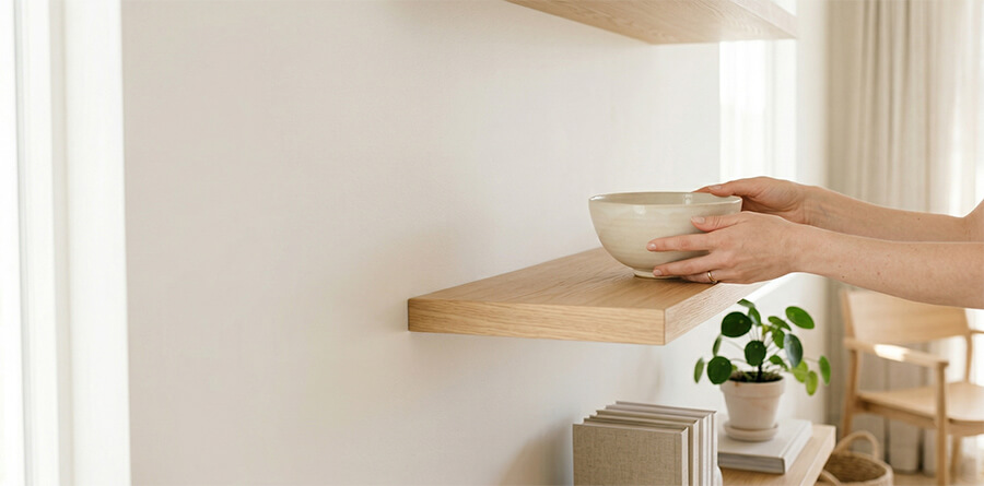 A pair of hands gently places a ceramic bowl onto a minimalist wooden floating shelf in a bright, airy room with a houseplant and soft morning light.