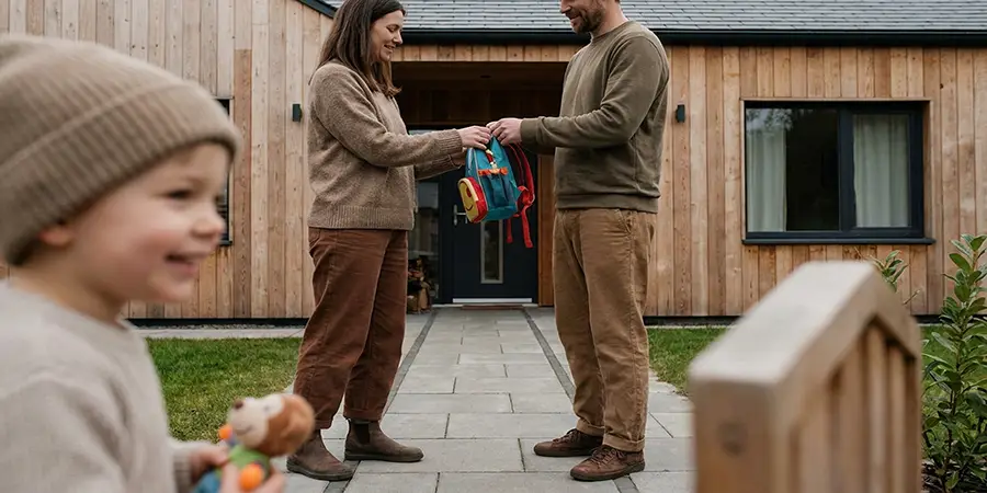 Two co-parents having a respectful conversation during a peaceful handover