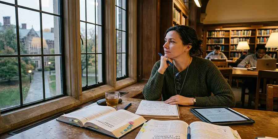 An adult learner thoughtfully reflecting on notes in a quiet study space