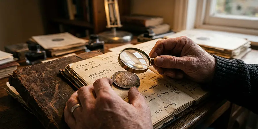 Hands examining a tarnished coin with a magnifying glass on a leather notebook