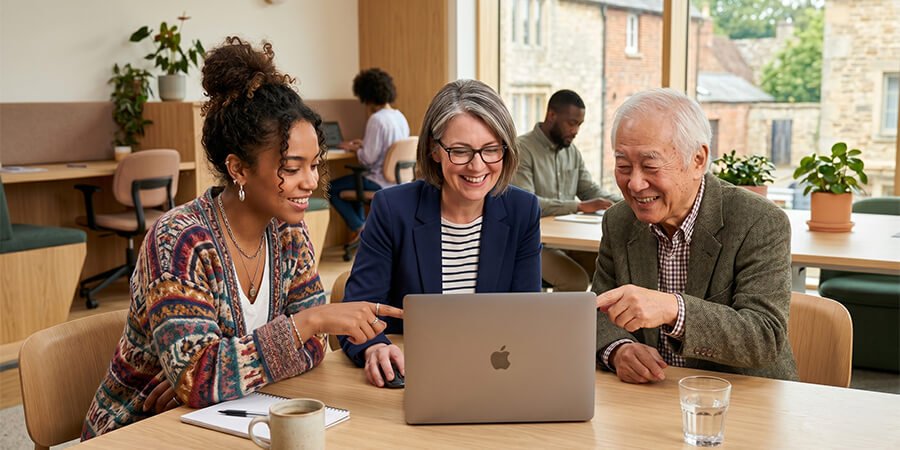 Multi-generational group collaborating around a laptop in a modern sunlit co-working space.