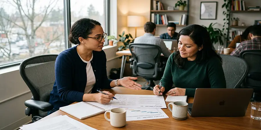 Two colleagues engaged in a constructive and calm discussion over a shared document
