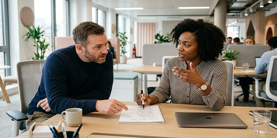 Two colleagues discussing a requirements list at a desk