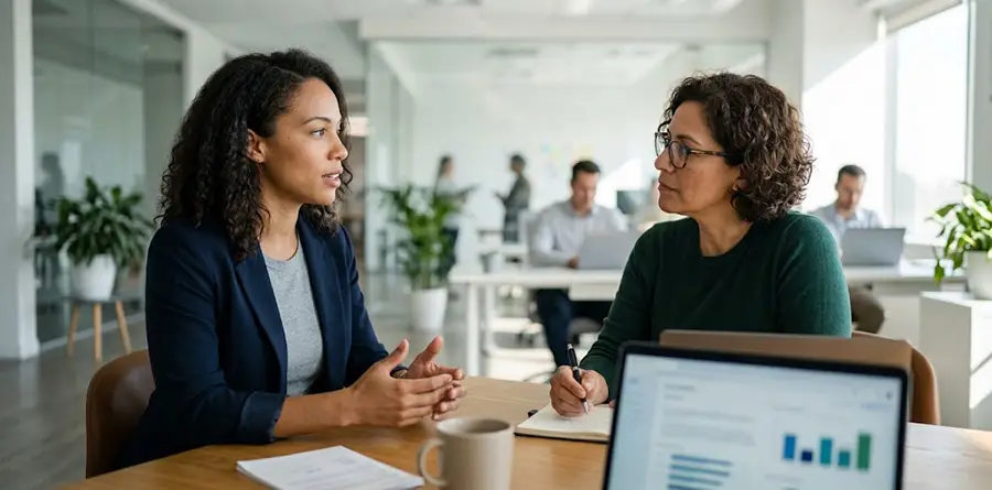 Two colleagues engaged in a calm, constructive conversation in a modern office