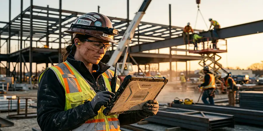 Construction manager reviewing digital blueprints on a rugged tablet