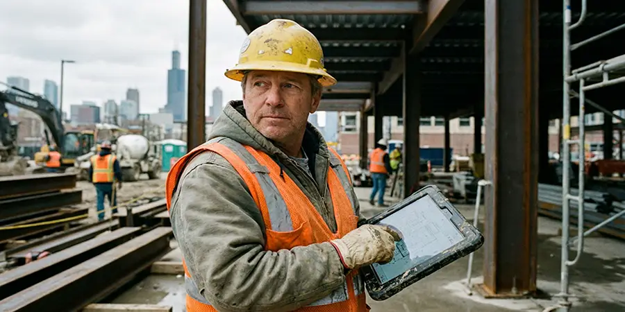 Construction professional on a Chicago site looking thoughtfully at a rugged tablet showing digital plans.