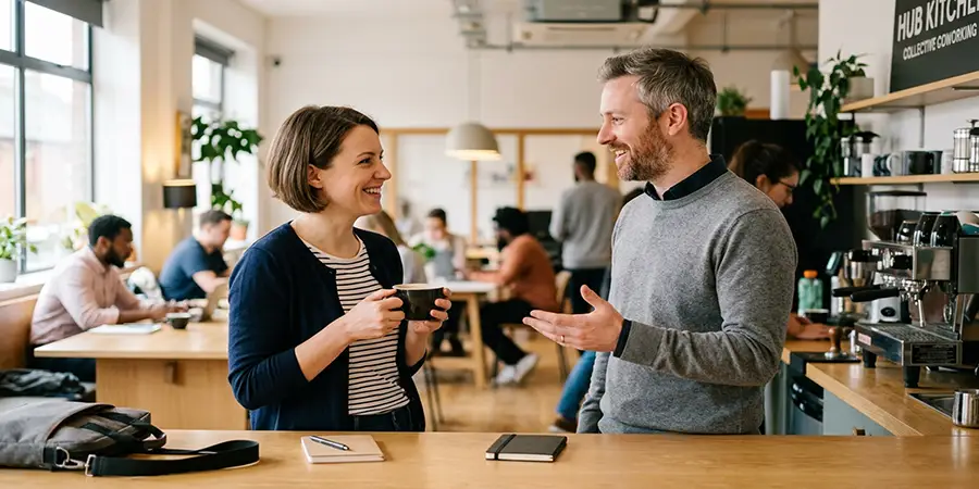 Professionals having a casual networking conversation in a modern coworking space