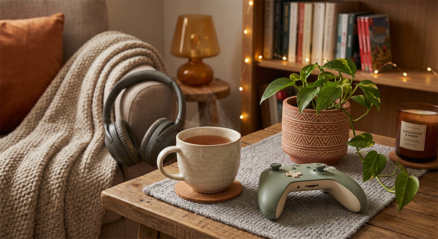 A cozy and warm living room setup on a wooden coffee table featuring a steaming mug of tea, a sage green Xbox controller, a potted pothos plant, and a lit 'Santalwood & Amber' candle. A plush gray sofa with a chunky knit blanket, over-ear headphones, an amber glass lamp, and a bookshelf with string lights create an inviting background.