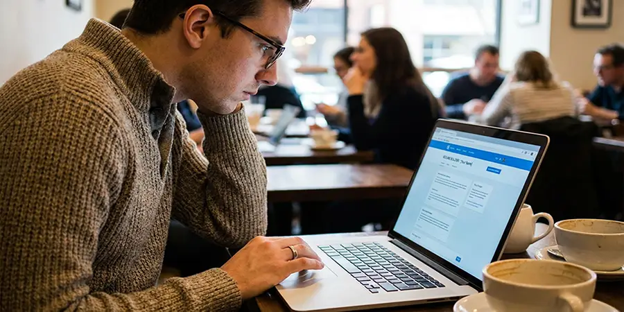 A focused individual actively editing their resume using a resume builder on a laptop