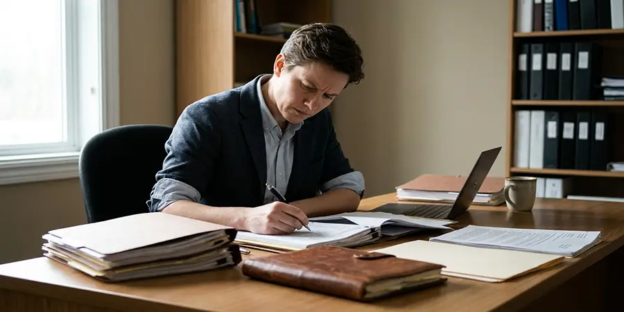 Legal professional focused on analyzing complex case files