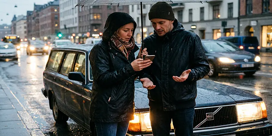 Two individuals calmly exchanging information after a roadside incident
