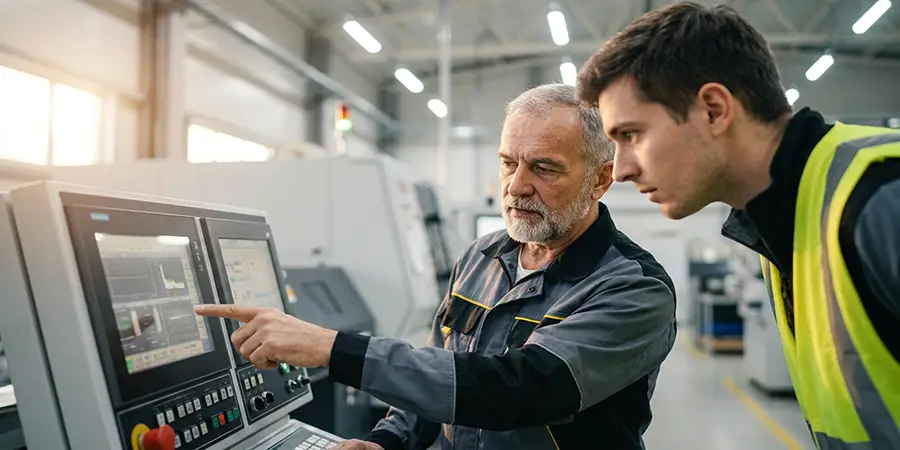 Experienced operator cross-training a colleague on a machine interface