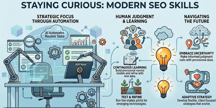 Infographic detailing modern SEO skills, emphasizing a balance between AI automation, continuous learning, and adaptive strategy.