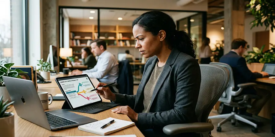 A professional engaging with a scenario-based eLearning module on a tablet