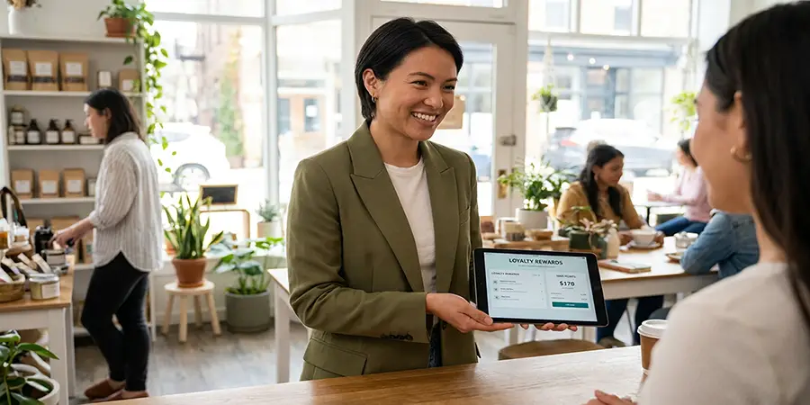 A professional warmly interacting with a customer and showing a digital rewards program on a tablet