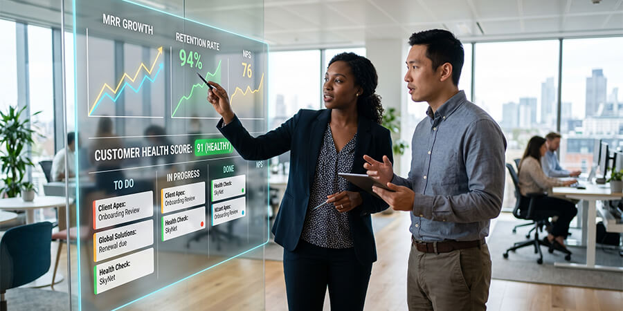A woman points to charts and customer retention graphs on a transparent digital display while a man with a tablet watches in a modern open-plan office.