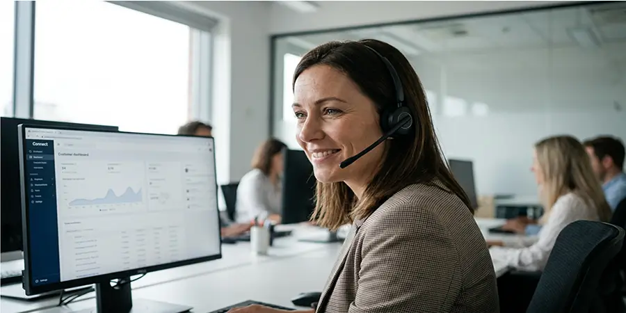 A professional customer support representative smiling while assisting a client