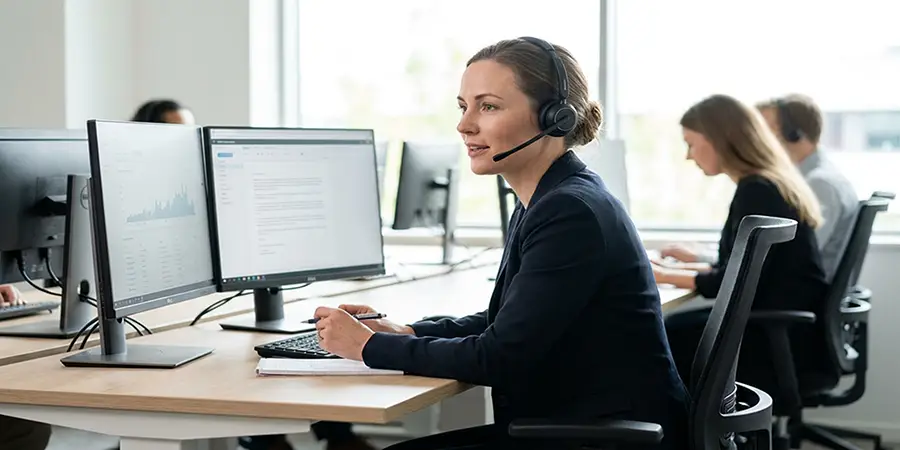 A focused customer support professional demonstrating active listening and empathy