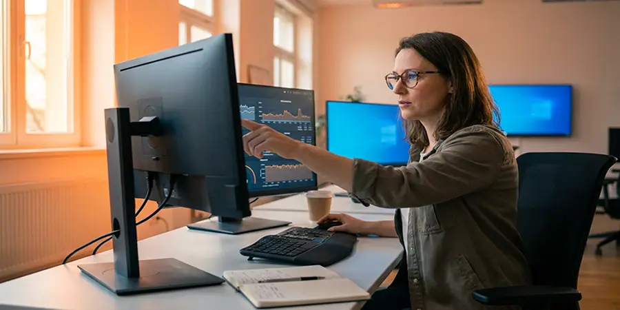 Cybersecurity professional analyzing network data on a modern monitor