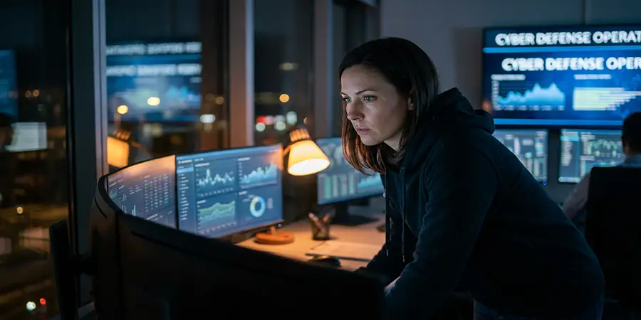 Focused cybersecurity professional analyzing threat data on a modern digital dashboard