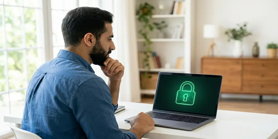 Professional safely browsing the internet on a laptop in a home office
