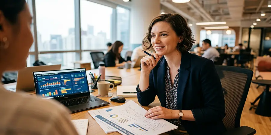 Professional discussing a data report with a colleague in a modern office