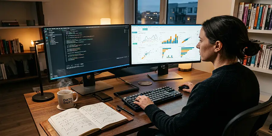 Dual monitors displaying Python code and data visualizations on a modern desk