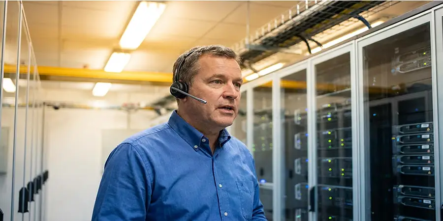 IT professional communicating effectively inside a modern datacenter server room