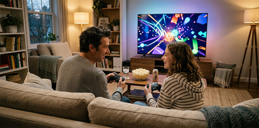 A dad and his teenage daughter sit on a couch, happily playing video games together with controllers.