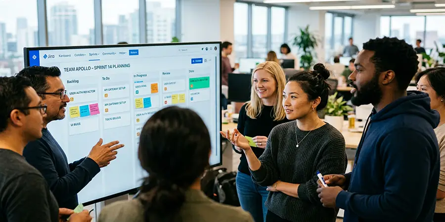 Software engineers collaboratively discussing a project at a digital Kanban board