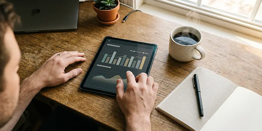 Hands interacting with a financial dashboard on a tablet at a modern desk setup