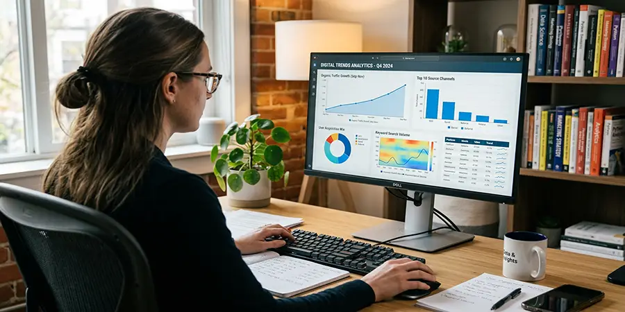 Professional analyzing digital trends and market data on a monitor