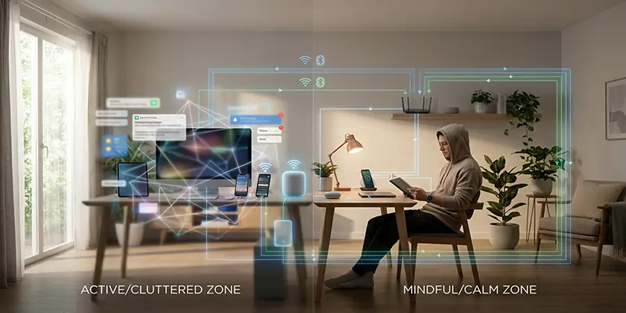 Digital hygiene in a modern home with organised workspace, reduced screen clutter, and mindful technology use.