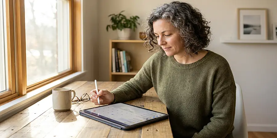 Professional calmly organizing their digital life on a tablet in a modern home office
