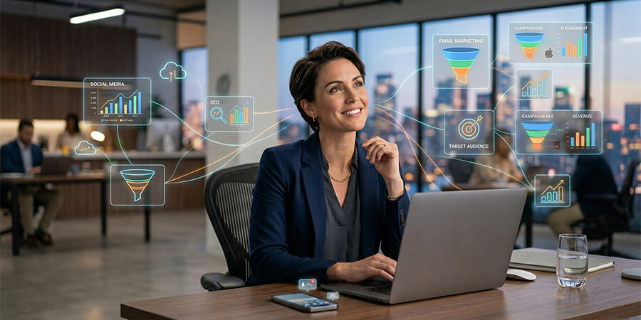 A smiling businesswoman sits at a desk in a modern city-view office at dusk, looking up from her laptop. Surrounding her is a glowing network of holographic data visualizations and interactive charts displaying marketing metrics illustrating her strategic analysis.