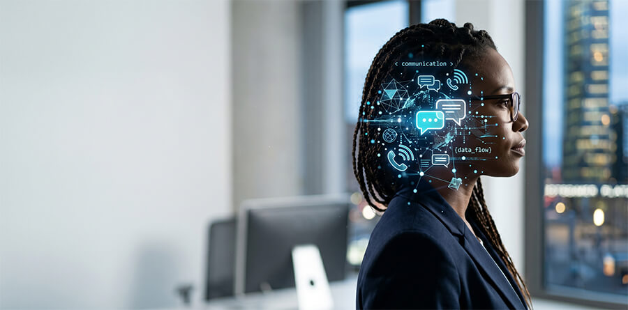 Profile of a woman with glasses, overlaid with a glowing digital network of communication and data icons, set in a modern office.