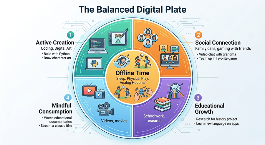 A circular infographic titled 'The Balanced Digital Plate'. It is divided into four sections: 1. Active Creation (Coding, Digital Art), 2. Social Connection (Family calls, gaming with friends), 3. Educational Growth (Schoolwork, research), and 4. Mindful Consumption (Videos, movies). A smaller inner circle is labeled 'Offline Time' (Sleep, Physical Play, Analog Hobbies).