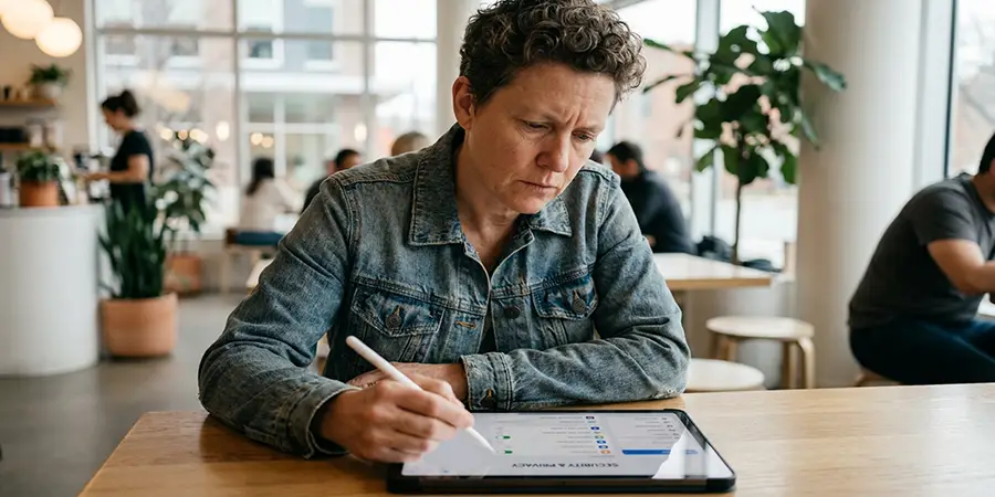 Person thoughtfully reviewing privacy settings on a tablet