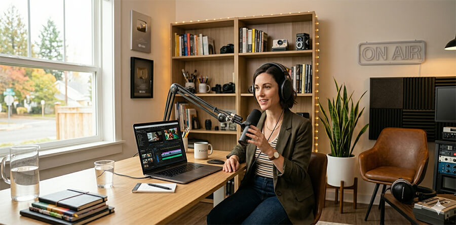 A creative professional recording a voiceover and editing a video on a laptop in a modern studio.