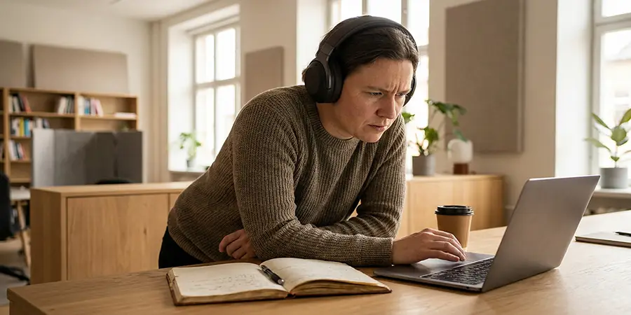 Focused professional wearing headphones listening intently to capture subtle acoustic nuances