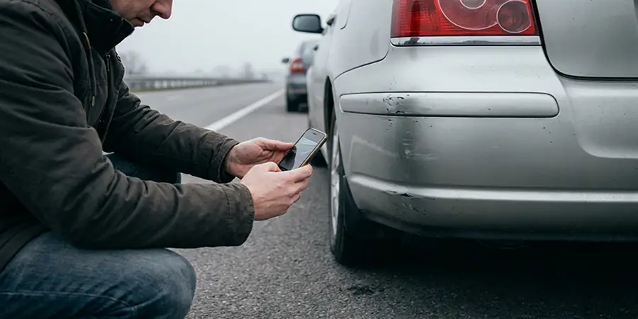 A person calmly using a smartphone to document vehicle damage following a car accident.