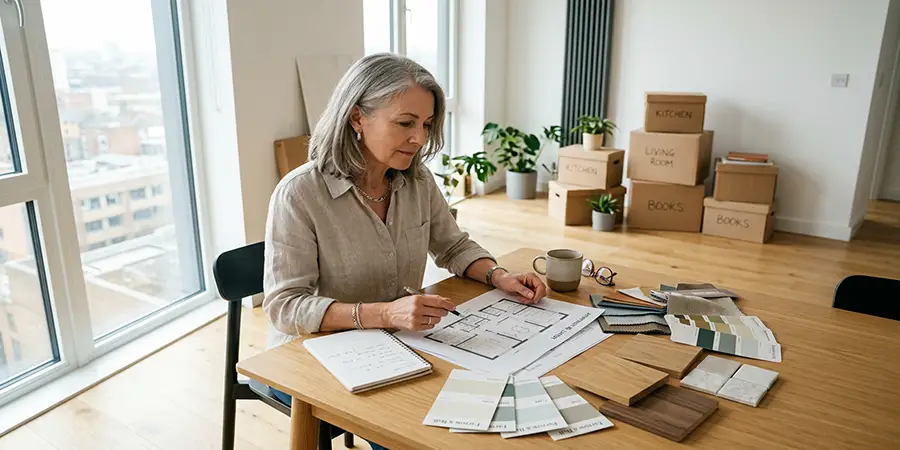 Mature adult thoughtfully reviewing floor plans for a new, smaller home