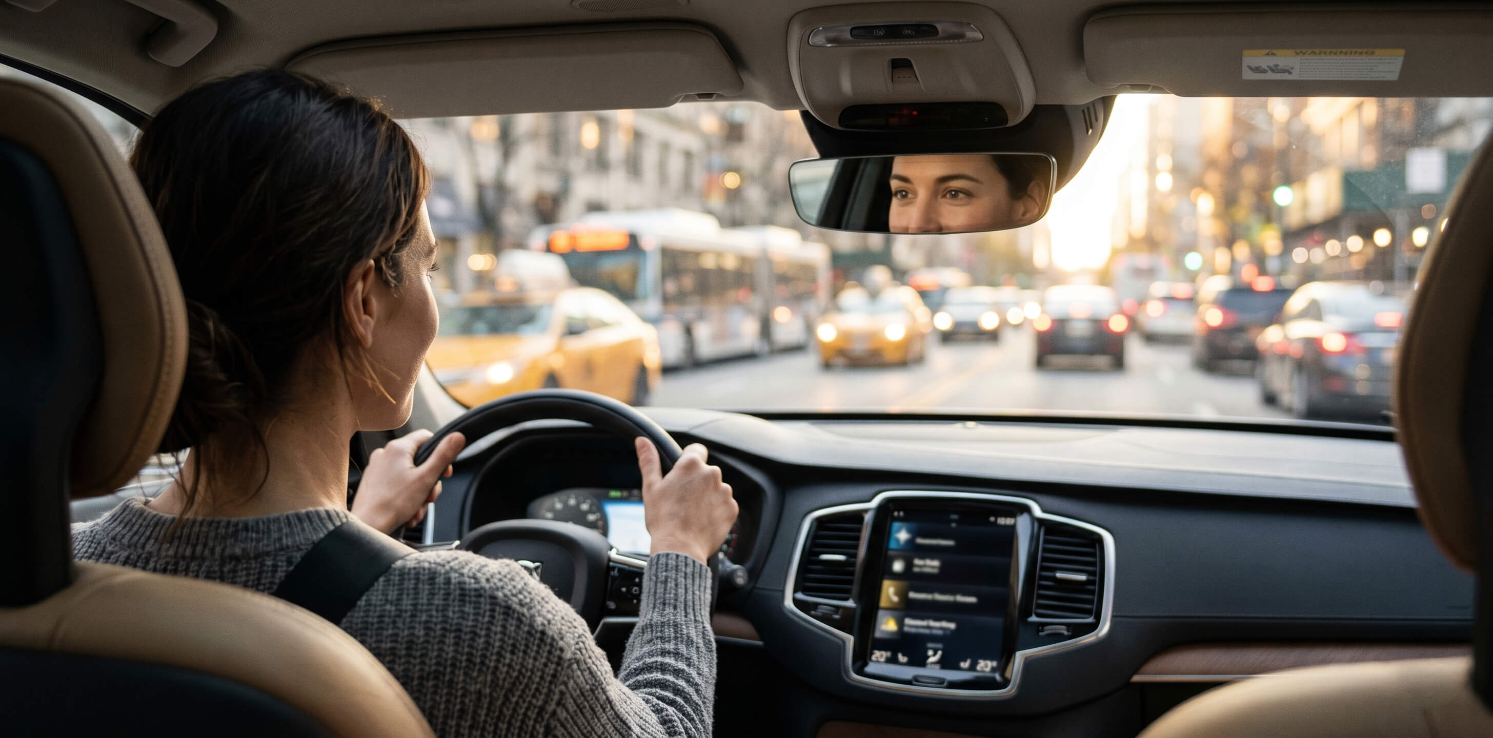 A focused female driver seen from the backseat. Her eyes are visible and alert in the central rearview mirror as she grips the steering wheel with both hands, driving through a busy city street.