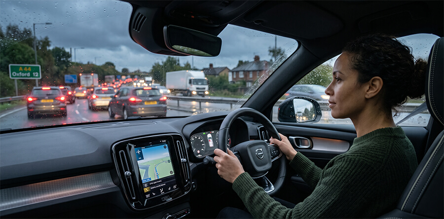 A woman with dark curly hair drives a Volvo car calmly on a rainy highway with traffic.