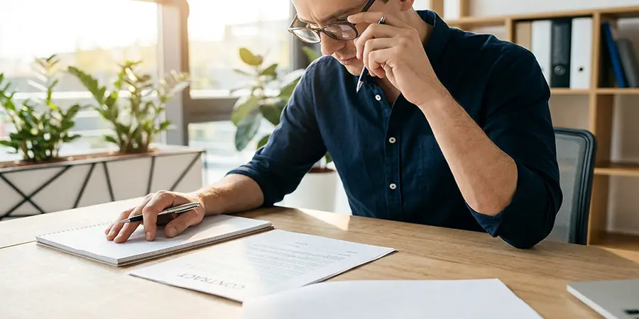 A professional carefully reviewing a document and taking notes to practice due diligence
