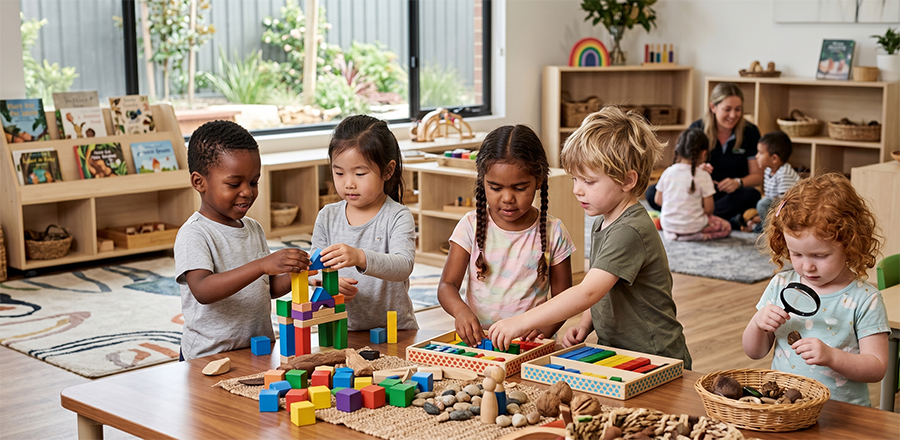 A group of five young children engaged in different play-based learning activities, including building with colorful blocks and sorting objects, around a low table in a bright classroom.